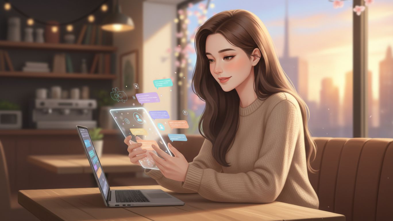 Person at a table using a laptop and a transparent tablet displaying chat bubbles and user icons, illustrating adult AI chat in a modern cityscape setting