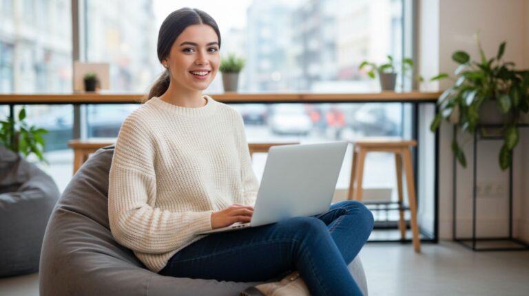 Person in a white sweater and blue jeans sitting on a gray beanbag chair using a laptop, engaging in an adult chatroom in a bright, modern room with large windows and plants.
