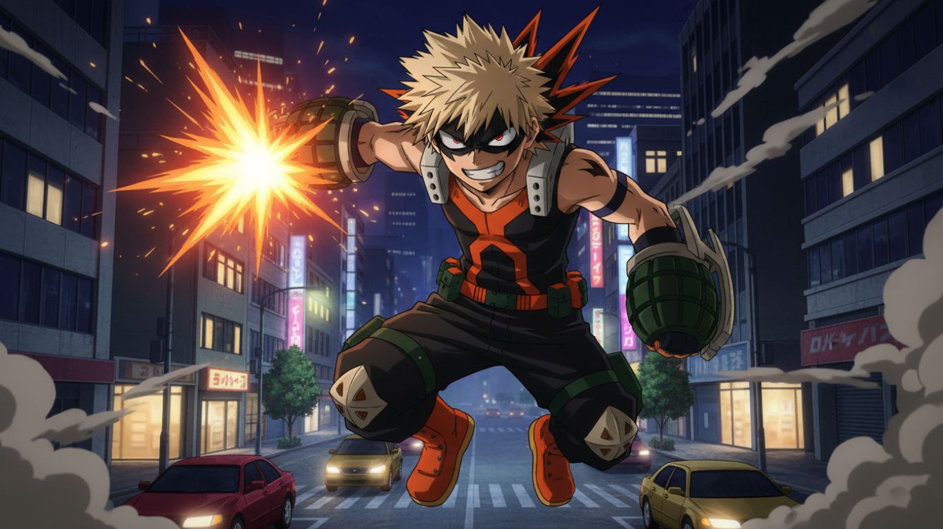 A blonde-haired anime character inspired by the bakugo hero name leaps into the air wearing an orange and black combat costume, creating a powerful explosion from his hand. Set in a city at night with glowing buildings and cars below, the dramatic scene captures the explosive energy and bold personality associated with the bakugo hero name and his larger-than-life hero identity.
