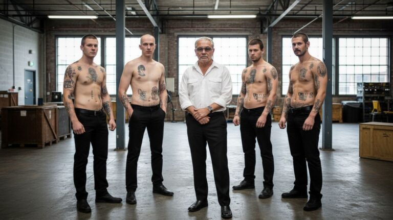 A man in a white shirt and black pants stands with his arms crossed in front of four shirtless men with tattoos, all standing in a warehouse. representing bratva