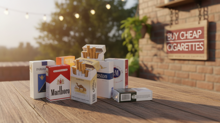 Various cigarette packs including Marlboro and Camel are displayed on a wooden table in front of a brick wall with a sign reading "BUY CHEAP CIGARETTES".