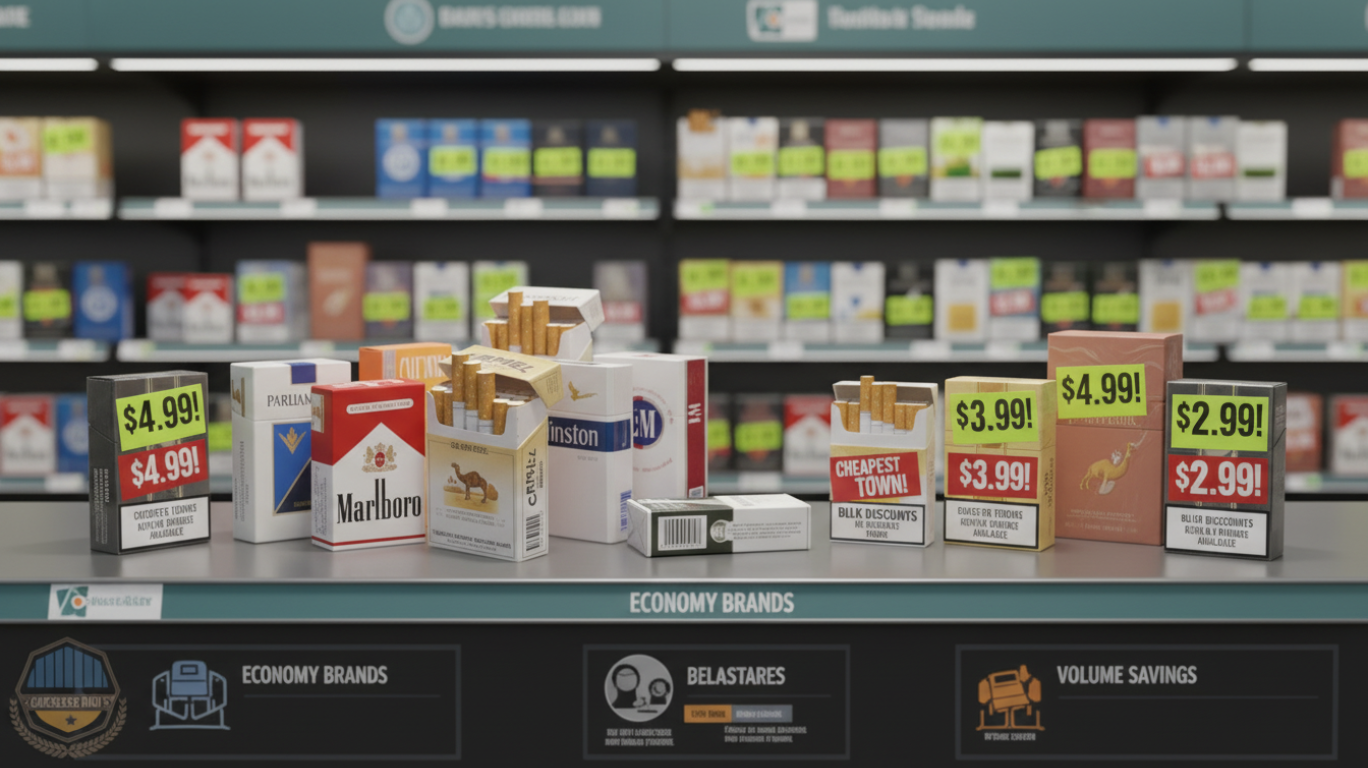 Display of cheap cigarettes on store shelves, illustrating how tobacco companies keep cigarette prices low and affordable for consumers.