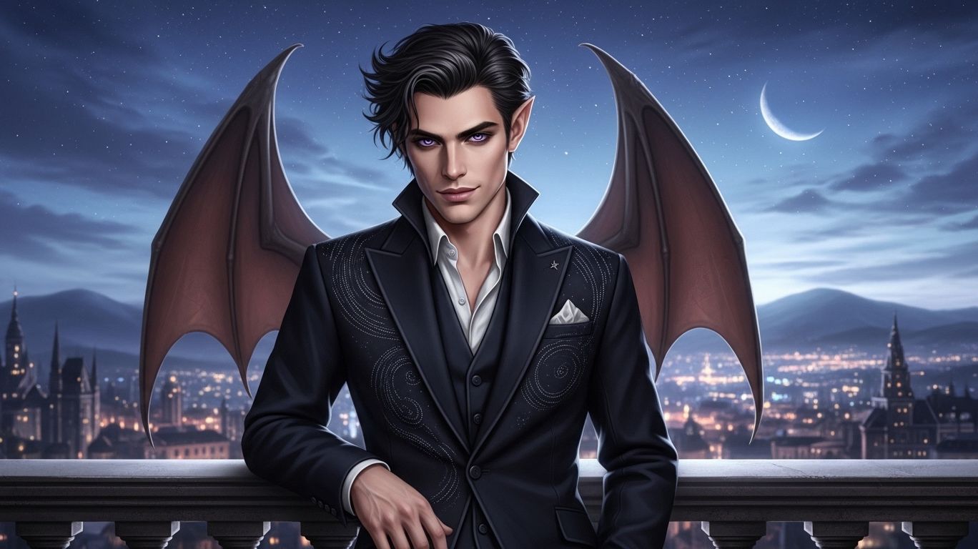 A winged figure with dark hair and purple eyes stands on a balcony overlooking a city at night under a crescent moon - featuring does rhysand die