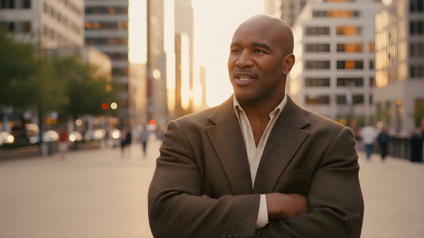 Evander, a man in a brown suit jacket and light colored shirt stands with his arms crossed outdoors, with blurred city buildings and golden sunset light in the background.