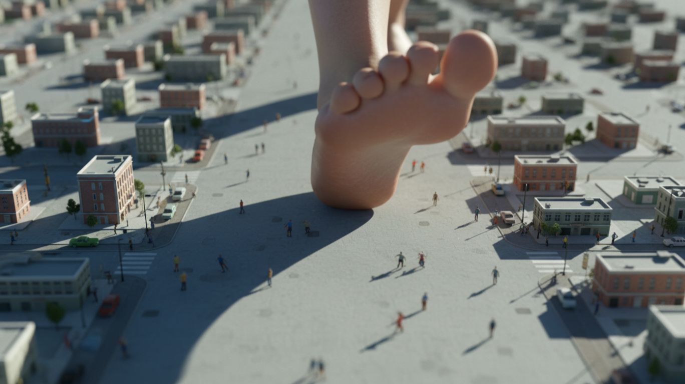 Giantess POV illustration of a colossal foot towering over a miniature city, showing the scale and perspective from the giantess point of view