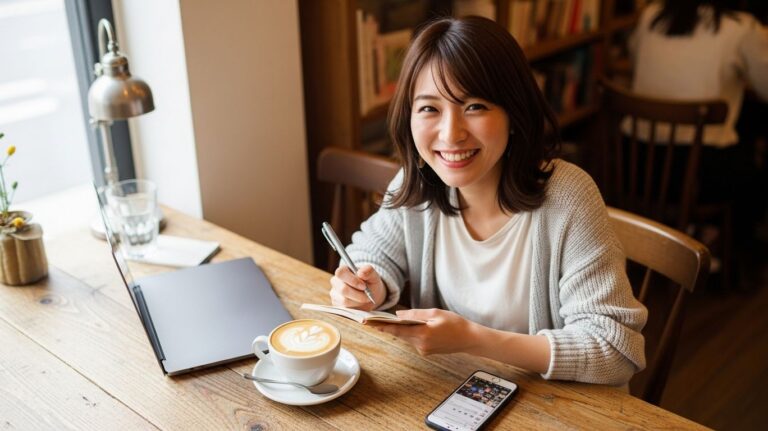 A smiling Haruka sits at a wooden table in a cafe, writing in a notebook next to a laptop, coffee, and phone.