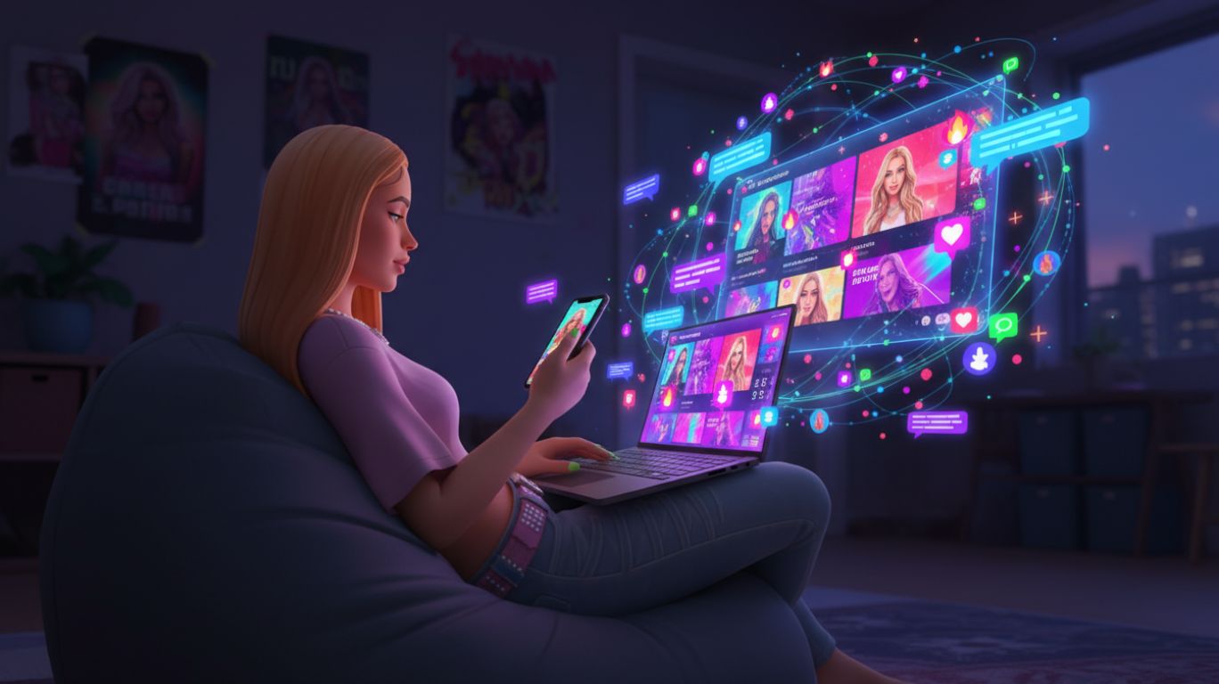 Illustration of fans engaging with Ice Spice R34 content online, representing celebrity culture, social media trends, and digital fandom.