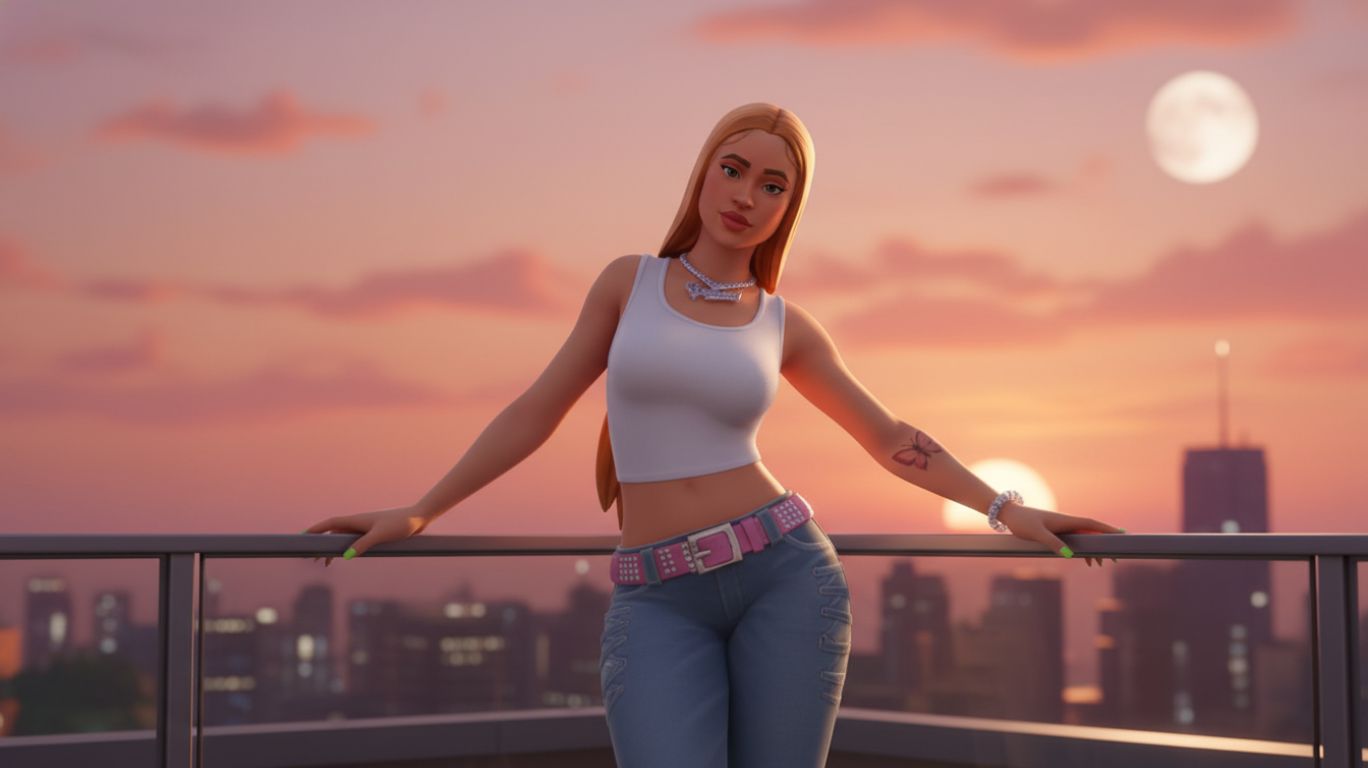 Illustration of a person on a rooftop at sunset with cityscape and moon, surrounded by digital fan culture elements referencing Ice Spice.