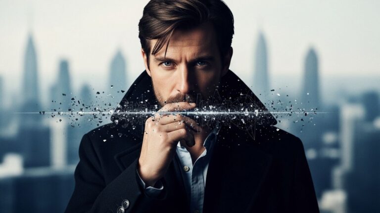 Mason Cole wearing a dark coat and button-down shirt stares intensely forward, with a shimmering, fragmented light effect across his face and chest, set against a blurred cityscape.