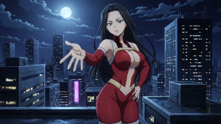 Mha Momo in a red costume stands on a rooftop at night, with a city skyline and full moon in the background. She extends her right hand forward.