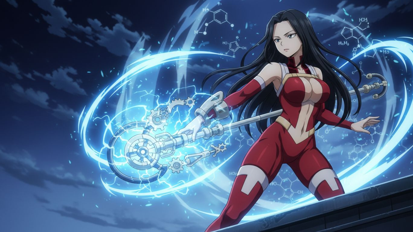 mha momo using her Creation quirk to materialize a shield, surrounded by glowing molecular energy in an anime-style hero scene.