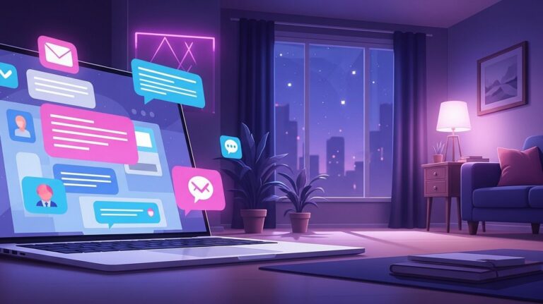 Laptop showing a pornchat interface with chat bubbles and icons in a cozy room overlooking a cityscape at night, representing safe and engaging online adult chat.