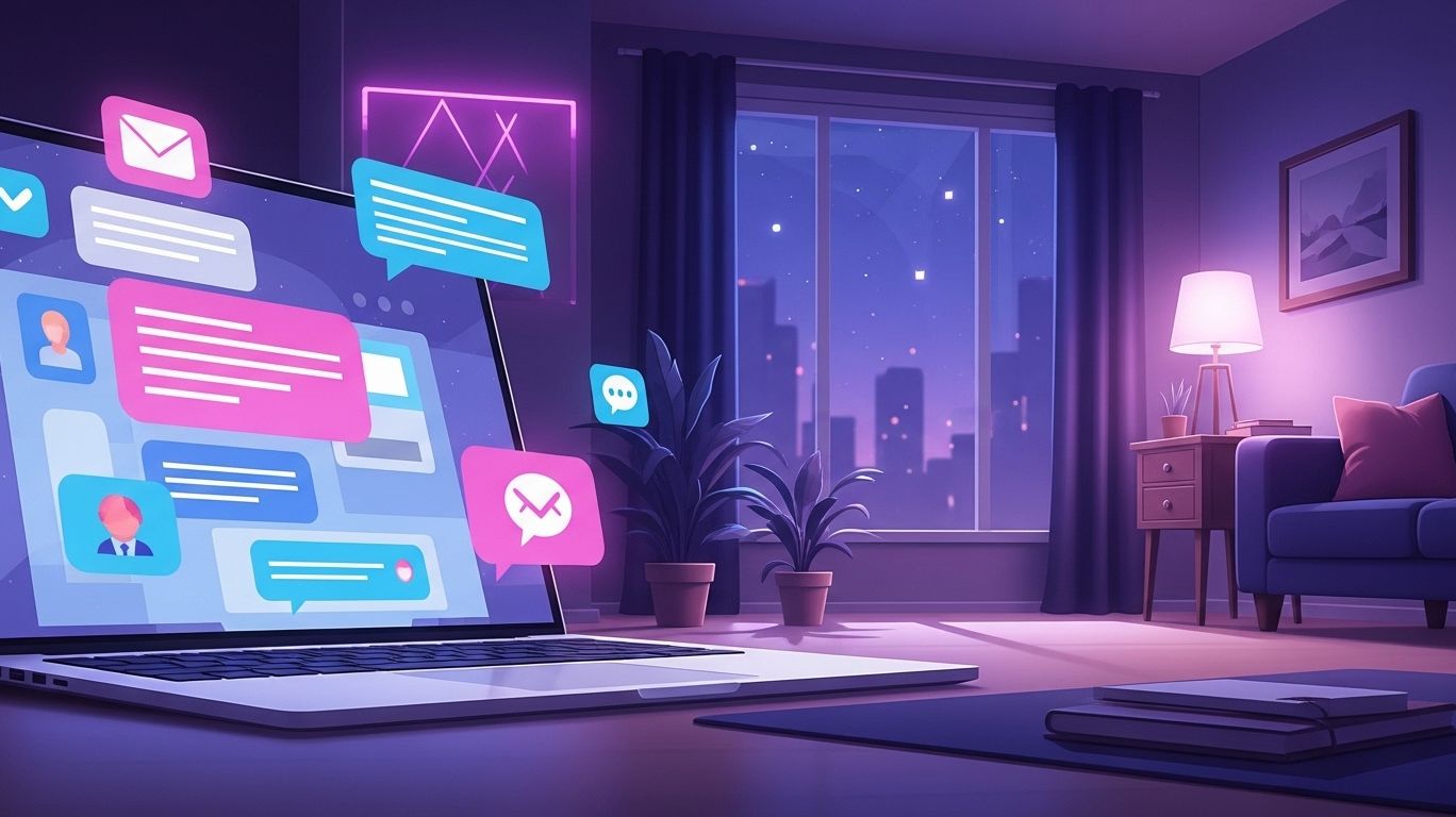 Laptop showing a pornchat interface with chat bubbles and icons in a cozy room overlooking a cityscape at night, representing safe and engaging online adult chat.
