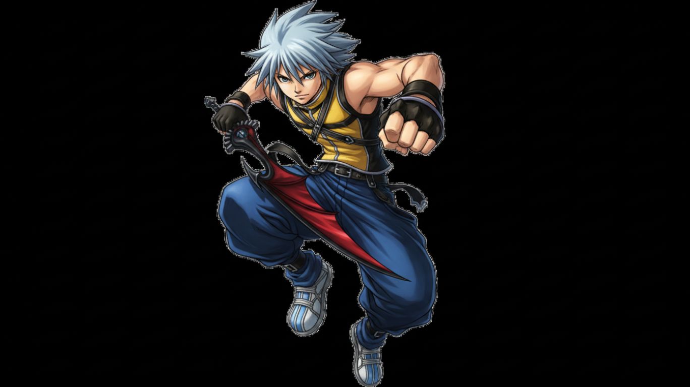 Riku, a character with spiky white hair, wearing a yellow and black outfit, blue pants, and holding a dark-colored sword with a red accent, in a dynamic pose.