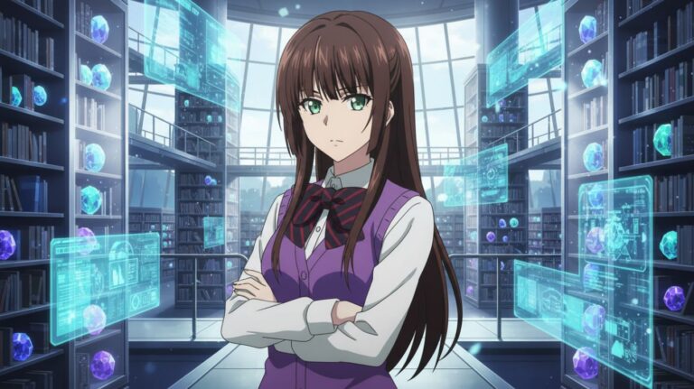 Sayaka, a young woman with long brown hair and green eyes stands with her arms crossed in a futuristic library with holographic displays and glowing orbs on bookshelves.