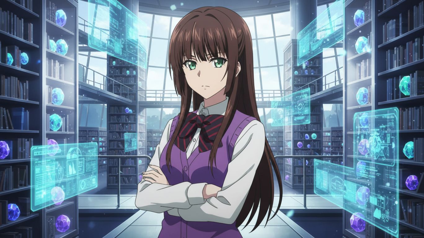Sayaka, a young woman with long brown hair and green eyes stands with her arms crossed in a futuristic library with holographic displays and glowing orbs on bookshelves.