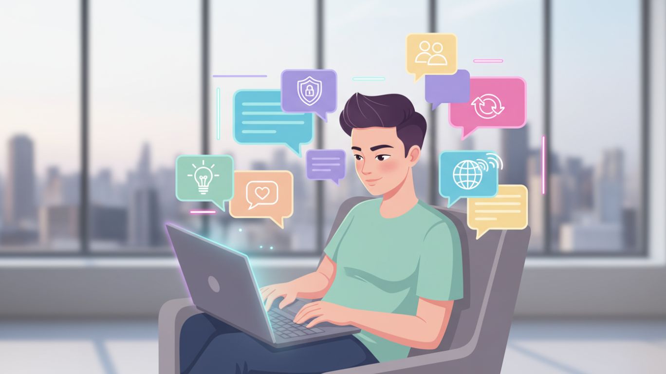 Illustration showing a person using a laptop for sex chat free platforms, emphasizing tips for a safe, enjoyable, and responsible adult chat experience.
