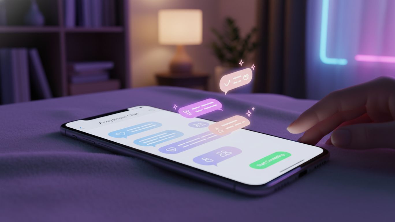 Illustration of a person using a laptop for sex chat free platforms, showing how adults connect safely and anonymously on free adult chat.