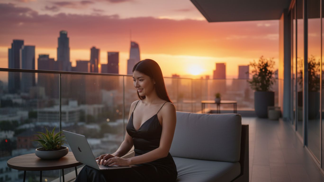 A person typing on a laptop on a balcony at sunset with floating chat bubbles, illustrating a sex chat conversation in a relaxed and intimate digital setting for a blog featured image