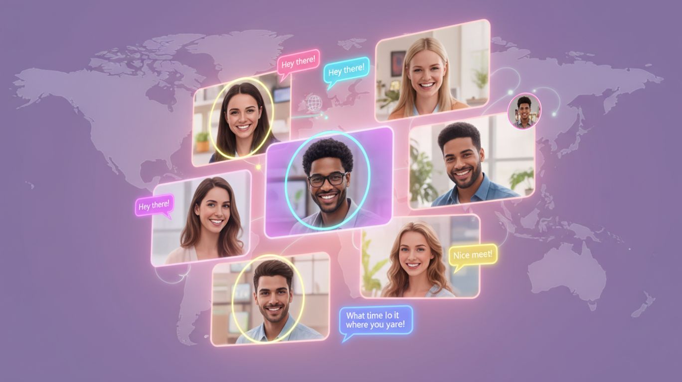 Diverse people connecting through a vibrant online chat platform, representing sexy chat and meeting new friends in a global community, perfect for a blog featured image.