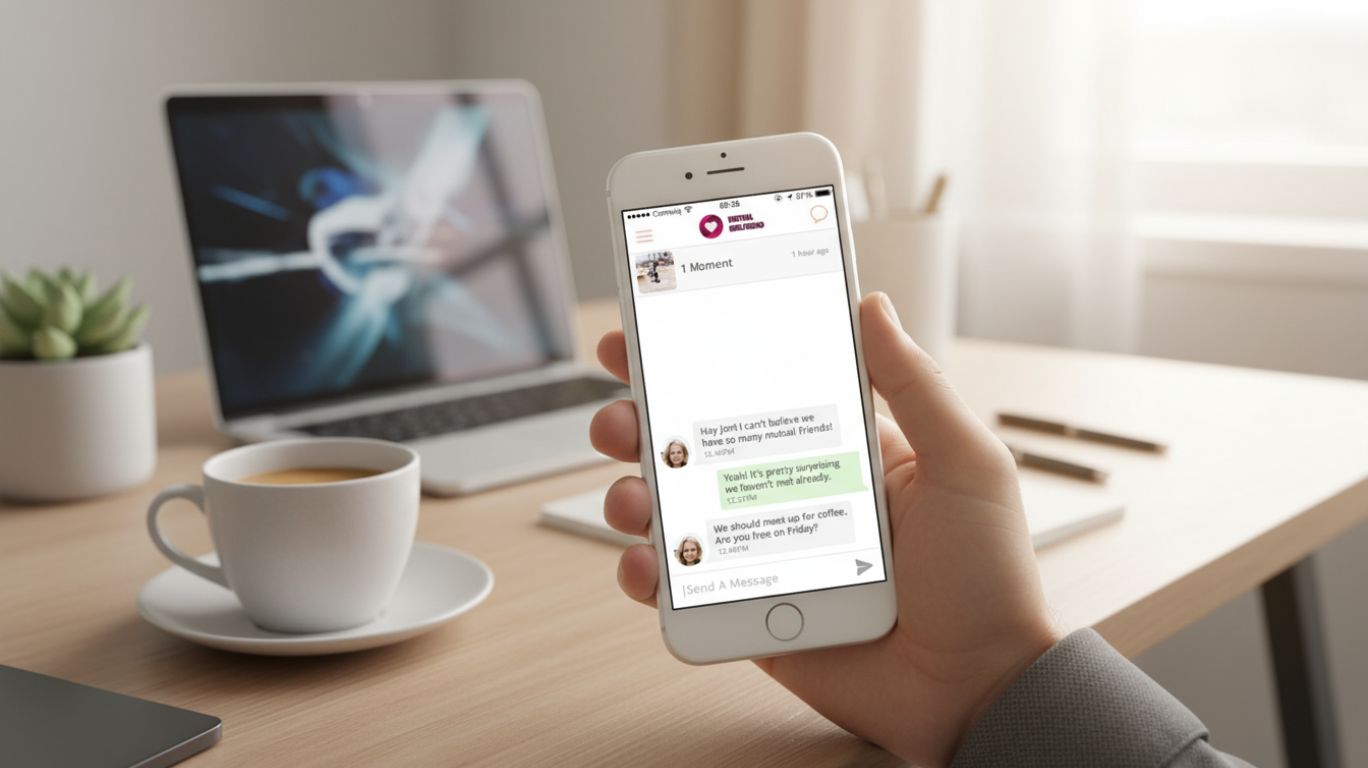 Hand holding a smartphone showing a sexy chat conversation, with a laptop, coffee cup, and plant on a desk, illustrating online chat engagement for a blog featured image.