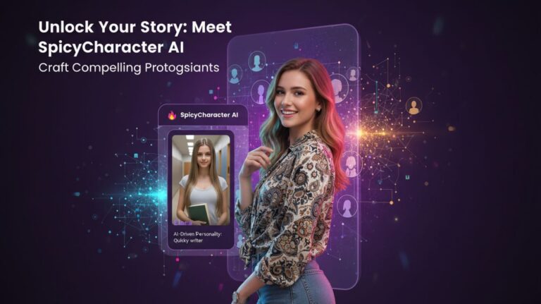 A graphic promoting Spicy Character AI, featuring a smiling woman and a mobile interface displaying character profiles and text about unlocking stories and crafting protagonists.