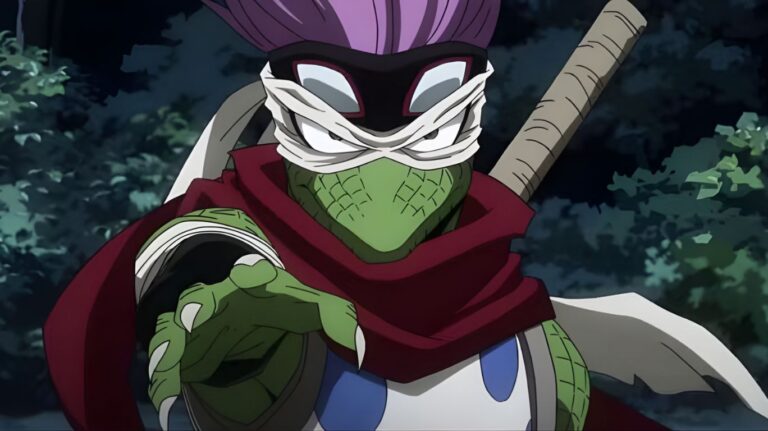 A lizard-like character with purple hair, (Spinner Mha) bandages over its eyes, and a red scarf points its clawed hand forward.