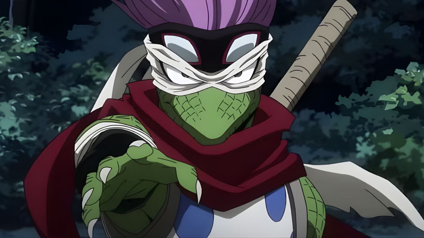 A lizard-like character with purple hair, (Spinner Mha) bandages over its eyes, and a red scarf points its clawed hand forward.