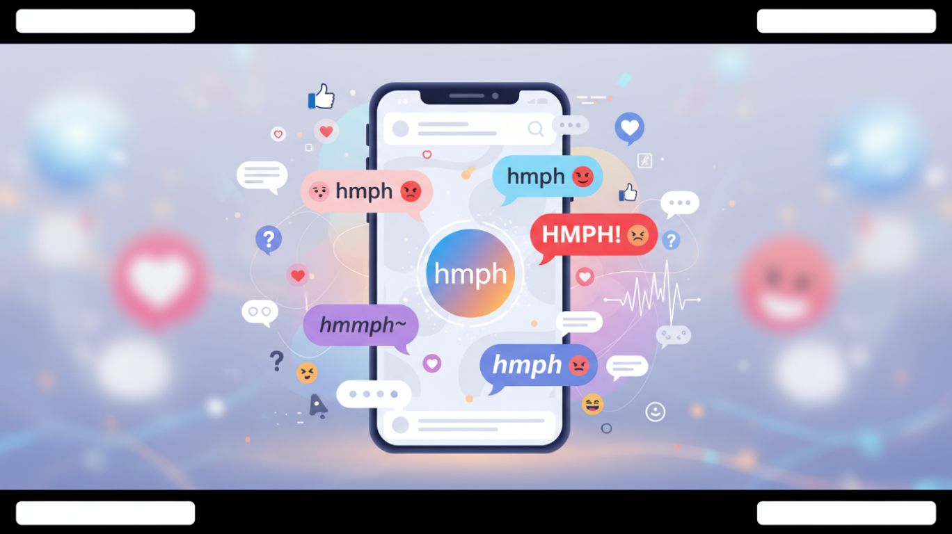 Digital illustration showing hmph evolving into a mini language of expression in online conversations with varied emotional chat tones