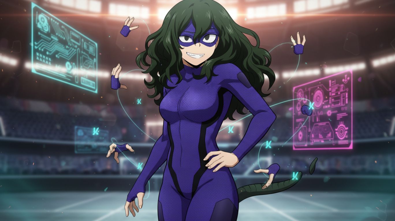 Setsuna Tokage showcasing modern anime femininity through a confident and playful pose while using her Quirk Lizard Tail Splitter, highlighting strength, balance, and dynamic character design in a cinematic anime-style scene.