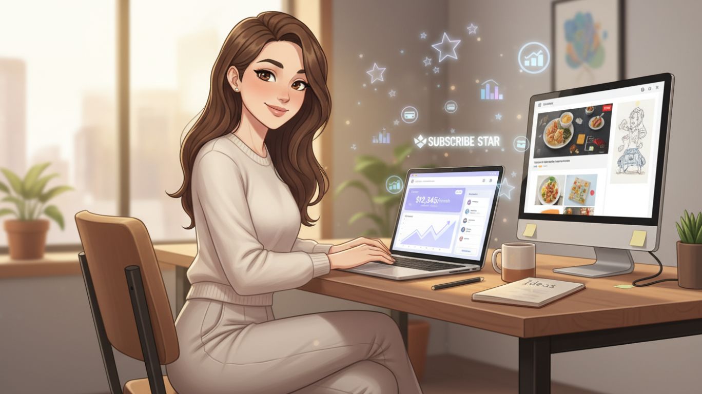 Subscribe star platform helping creators build steady income through recurring subscriptions with dashboard analytics and growing earnings illustration