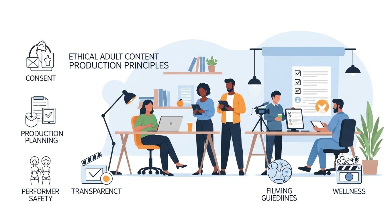 Infographic showing ethical adult media production principles including consent, transparency, performer safety, and fair working conditions in a modern creative studio environment, representing wholesome porn