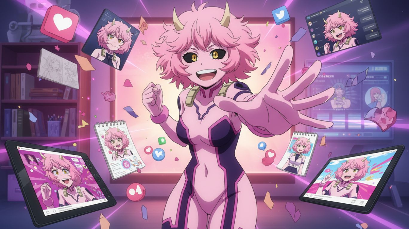 mha mina inspired anime character featured in fan art culture with digital drawings, edits, and creative community elements highlighting her popularity and versatility