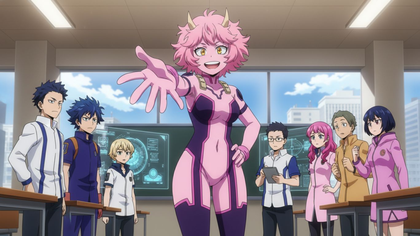 mha mina supporting Class 1-A students in a hero academy classroom, cheerful pink-skinned anime girl encouraging teamwork and unity among diverse classmates