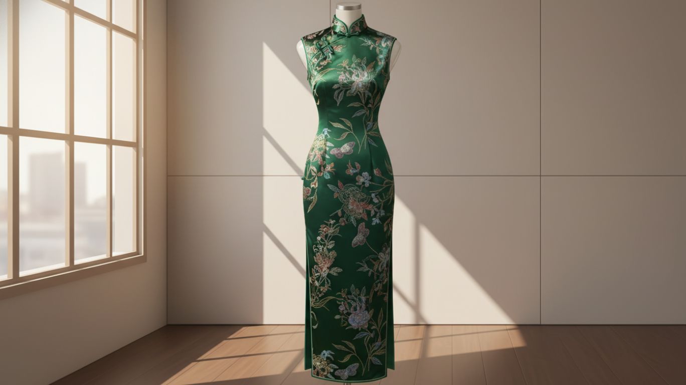 Elegant qi pao with high collar, side slits, fitted silhouette, and delicate floral embroidery in gold and pastel tones, displayed on a mannequin against a minimalistic background.