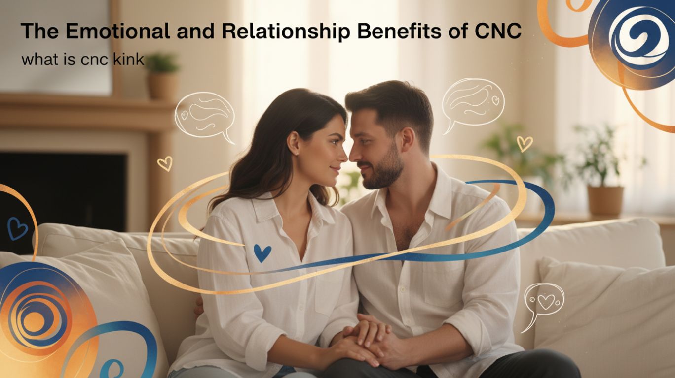 Relationship education blog banner illustrating emotional bonding, trust, and communication between a couple, symbolizing the positive relationship benefits of what is cnc kink. The image uses soft abstract visuals of connection and harmony to represent consent, intimacy, and renewed passion in a healthy, respectful relationship dynamic.
