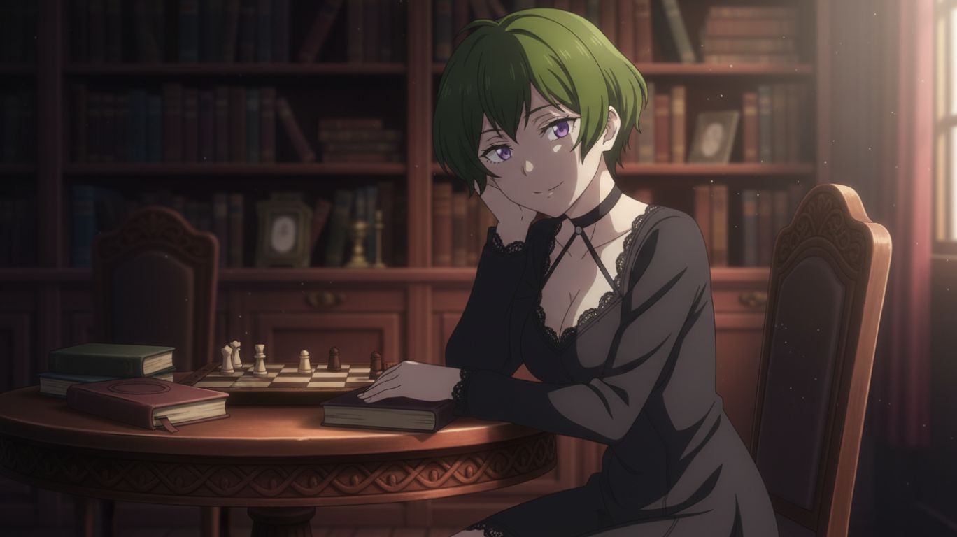 Ubel anime character as a yandere archetype, showing calm exterior with intense, curious eyes, highlighting psychological intrigue and emotional fixation.