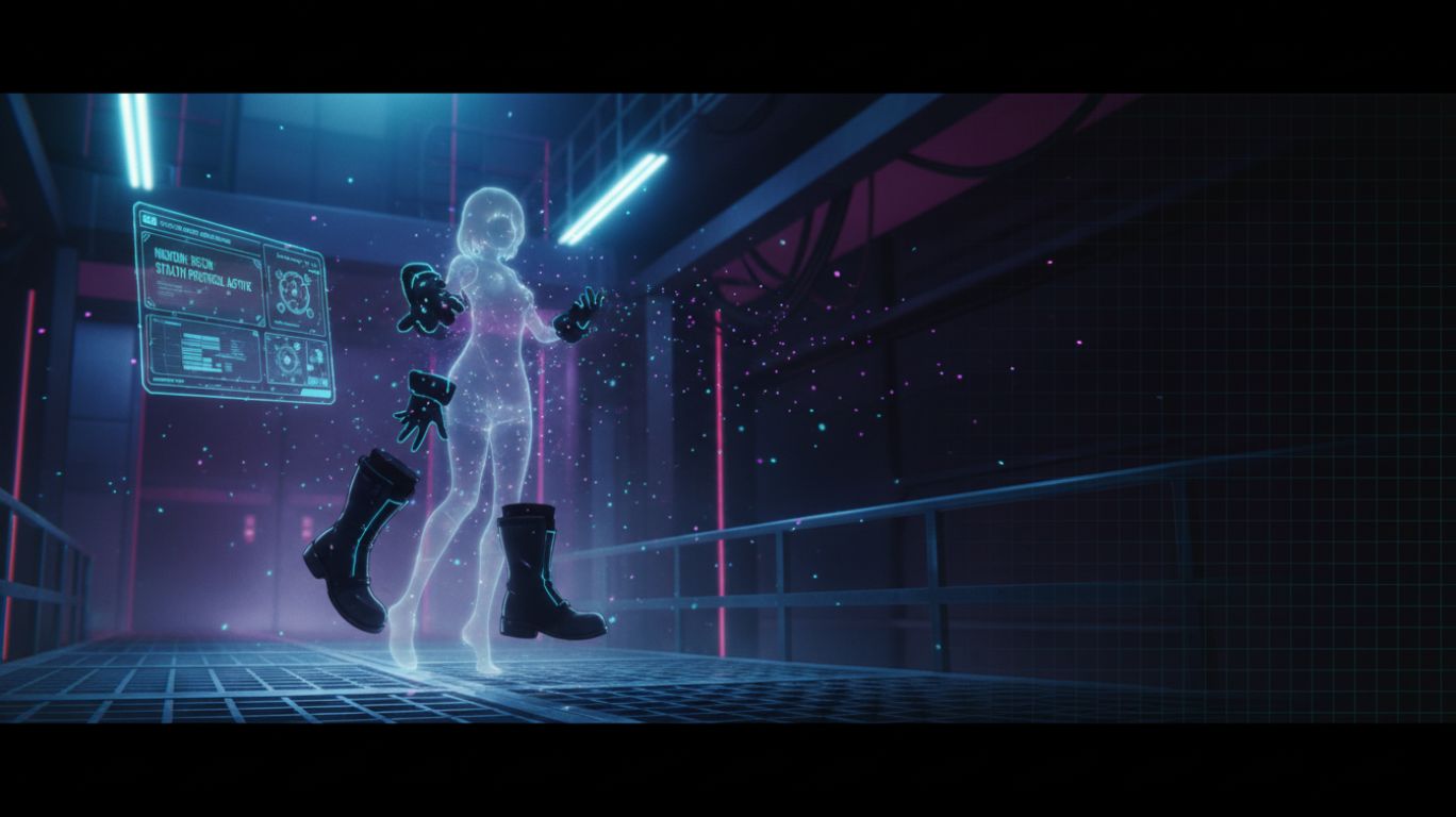 Toru Hagakure invisibility quirk demonstration showing a stealth hero mission with subtle invisible silhouette effects, tactical reconnaissance scene in a futuristic training facility with neon lighting and motion distortion.