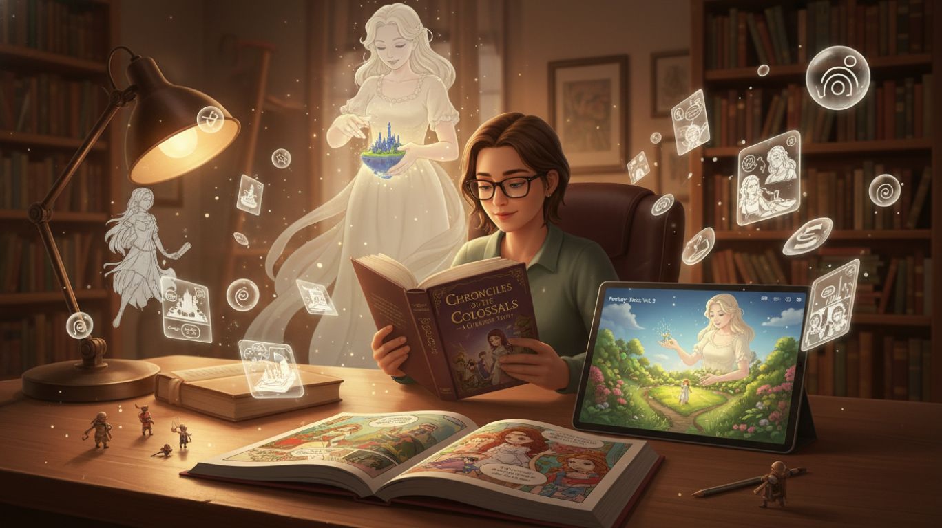 An educational fantasy-themed scene inspired by a giantess story showing a person safely exploring the genre through books, digital media, and creative study tools, with a subtle giantess imagination overlay representing storytelling and fantasy creativity.