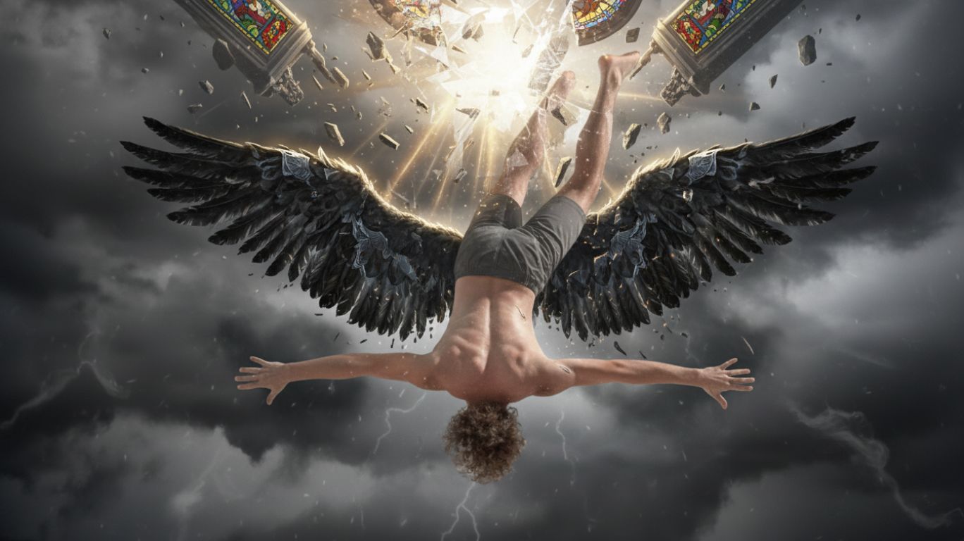 Lucifer fallen angel depicted in a cinematic scene showing the origins of the fallen angel narrative, with a majestic angel descending from heaven into darkness, symbolizing rebellion, exile, and mythological transformation.