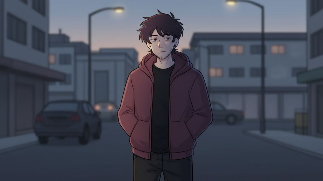 kade as a modern webtoon character showing emotional realism, inner struggles, and authentic personality in an urban setting