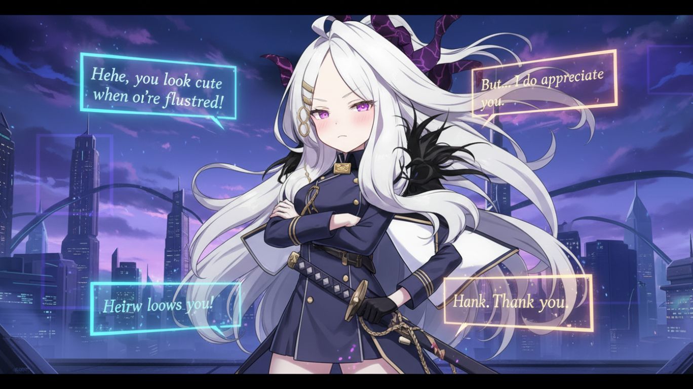 hina tsundere AI character showing a mix of annoyed expression and hidden warmth in a futuristic chat interface