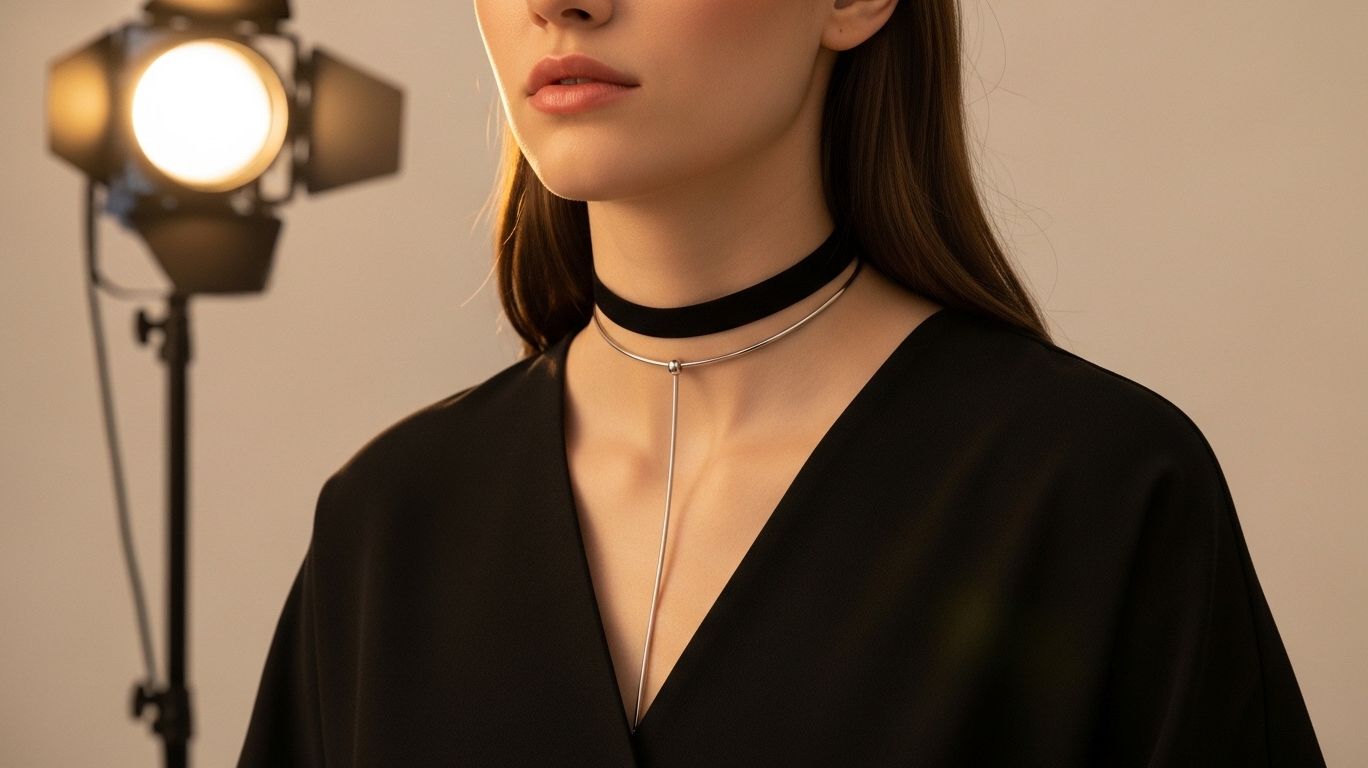 Fashion editorial image of a woman wearing a black choker that enhances her neckline, styled in a minimalist outfit representing the timeless and versatile elegance of the black choker in both casual and formal fashion looks.