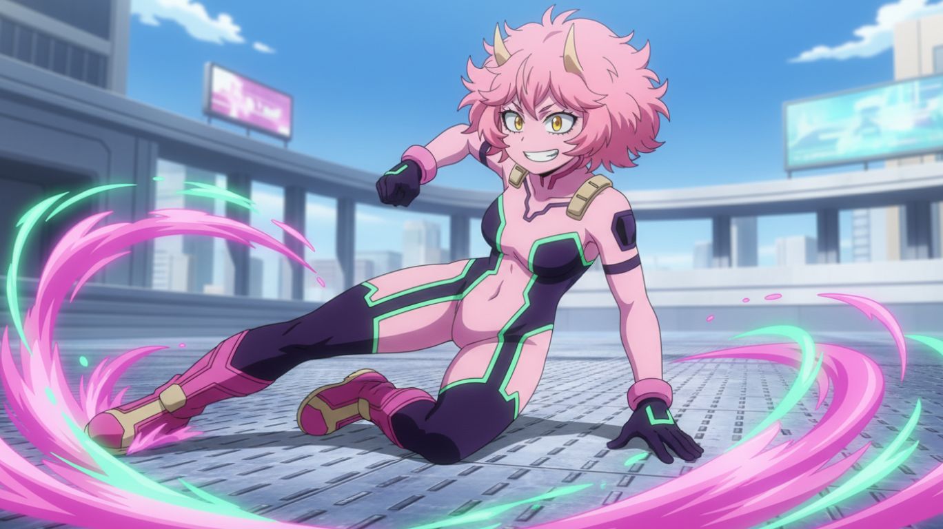 mha mina inspired anime character with pink skin, horns, and curly hair using acid powers at a hero academy training ground, cheerful and energetic pose