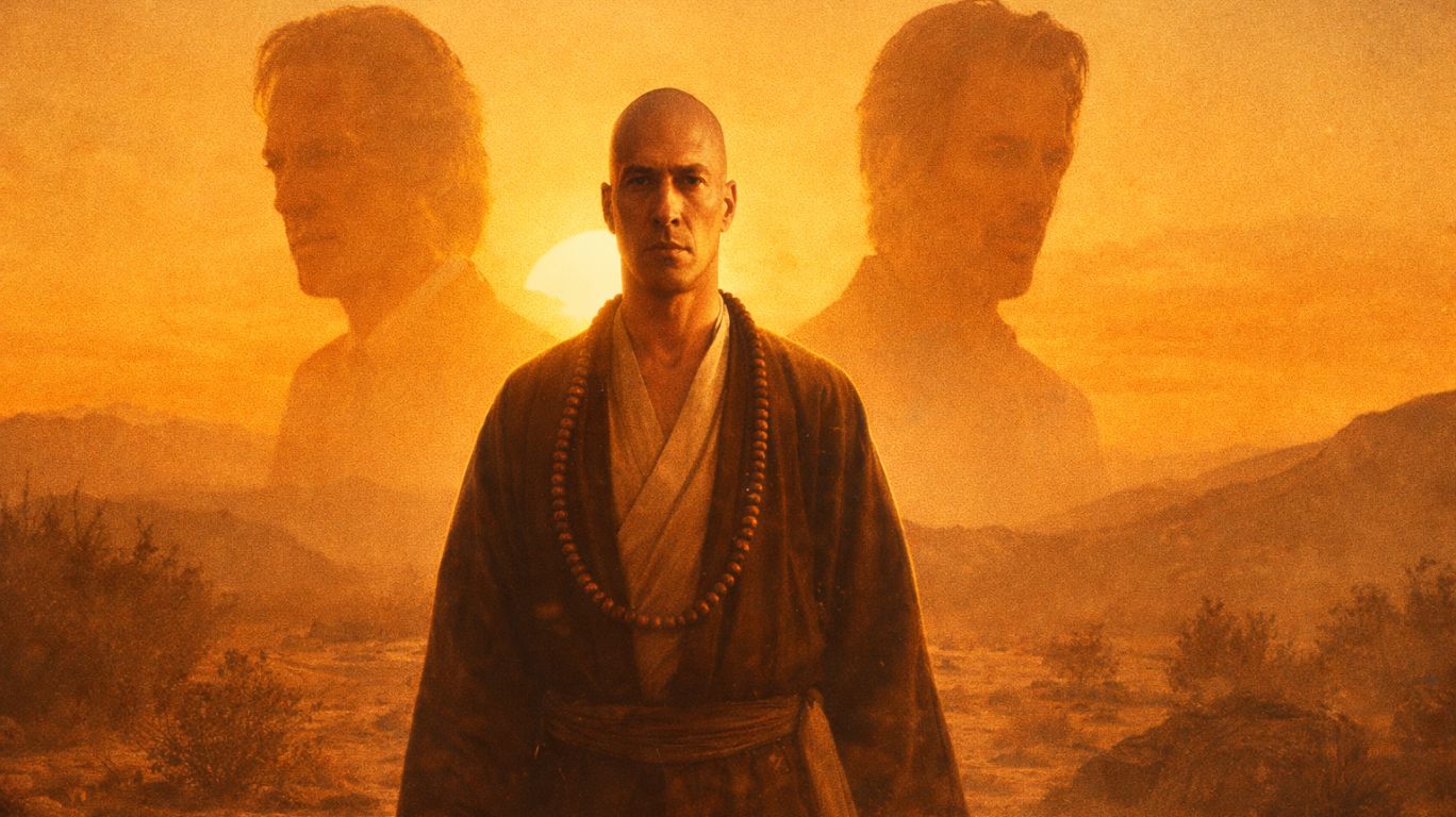 carradine brothers legacy featuring David Carradine as Kwai Chang Caine in Kung Fu series, cinematic desert monk scene with vintage Hollywood atmosphere