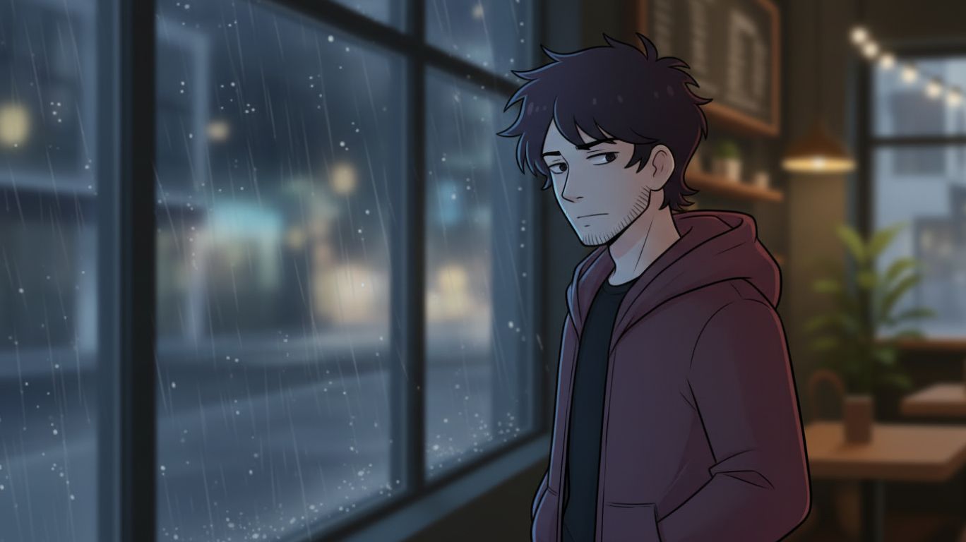 kade standing alone by a rainy window at night, showing emotional depth, guarded personality, and vulnerability after heartbreak