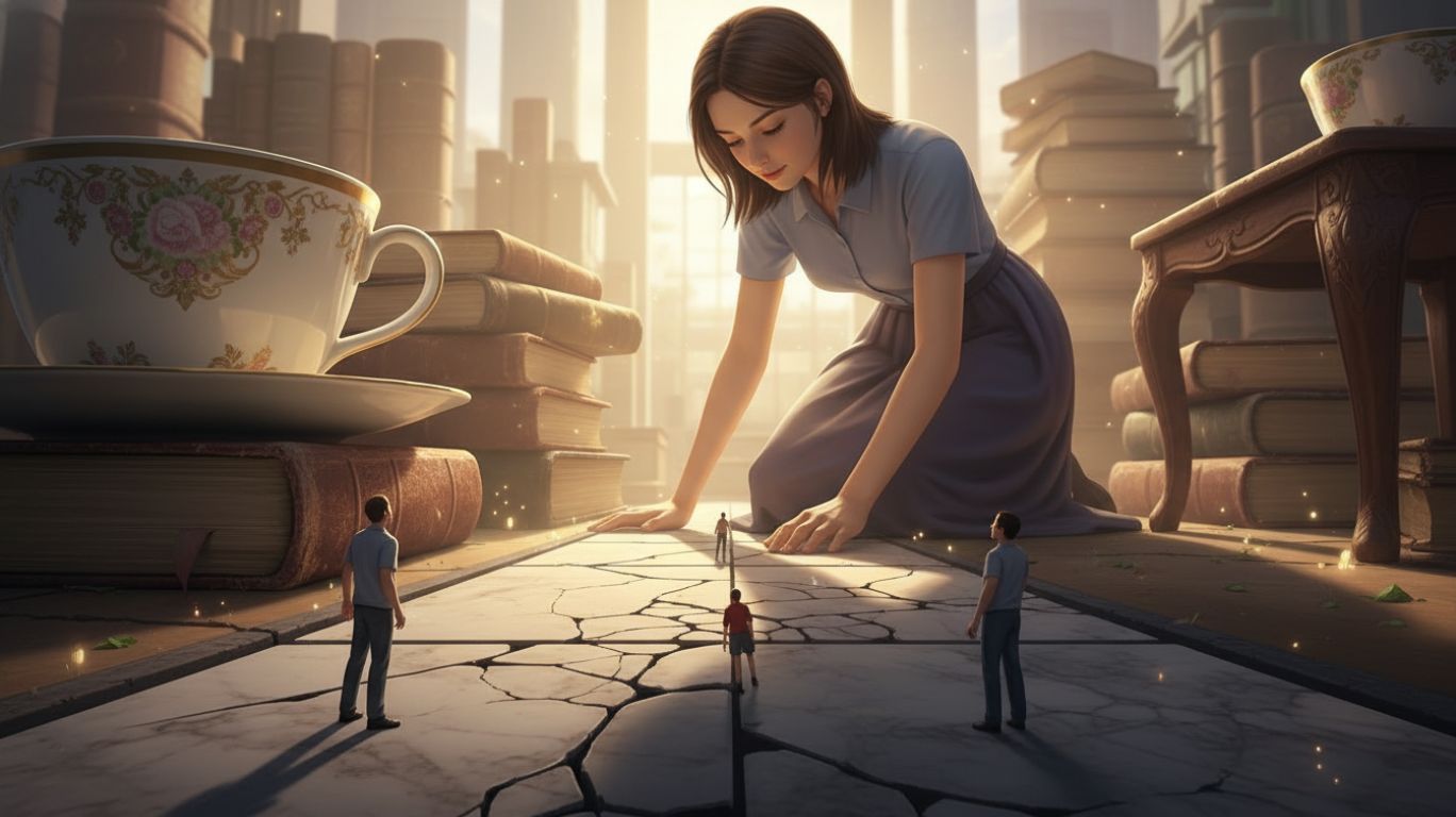 A fantasy scene inspired by a giantess story showing a gentle giantess interacting with tiny humans in a surreal oversized world, highlighting dramatic scale differences, transformation magic, and imaginative storytelling.