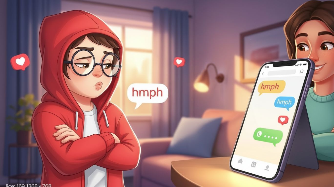 Illustration of a digital chat showing “hmph” message with playful tone, demonstrating how hmph adds emotion and nuance in online conversations