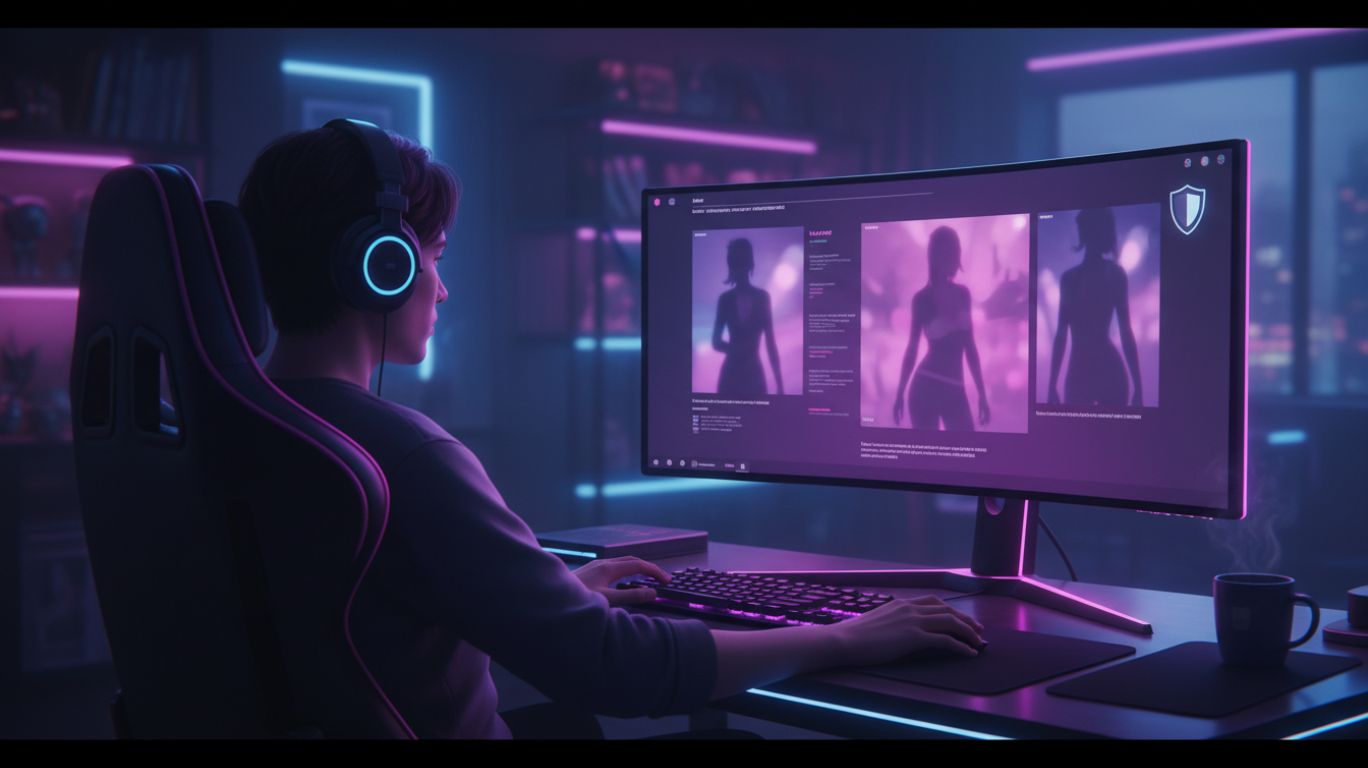 User generating nsfw pics with AI image generator on a private desktop setup, highlighting creativity, privacy, and safe digital art creation