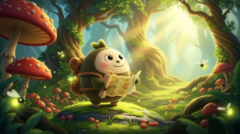 Arther, a cute, round, green creature with a backpack holds a map in a magical forest filled with mushrooms and fireflies.